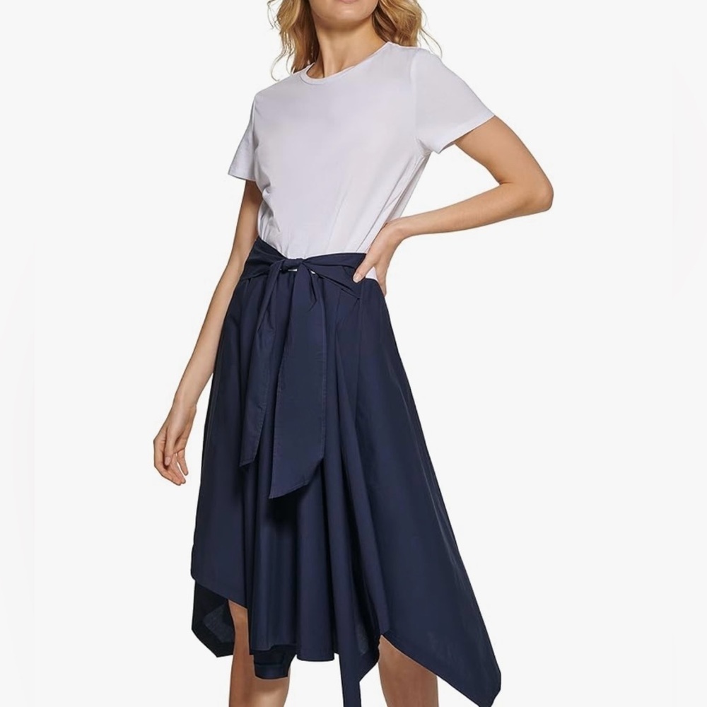 Dkny Women's Mixed-Media Tie-Front Short Sleeve Knit Dress